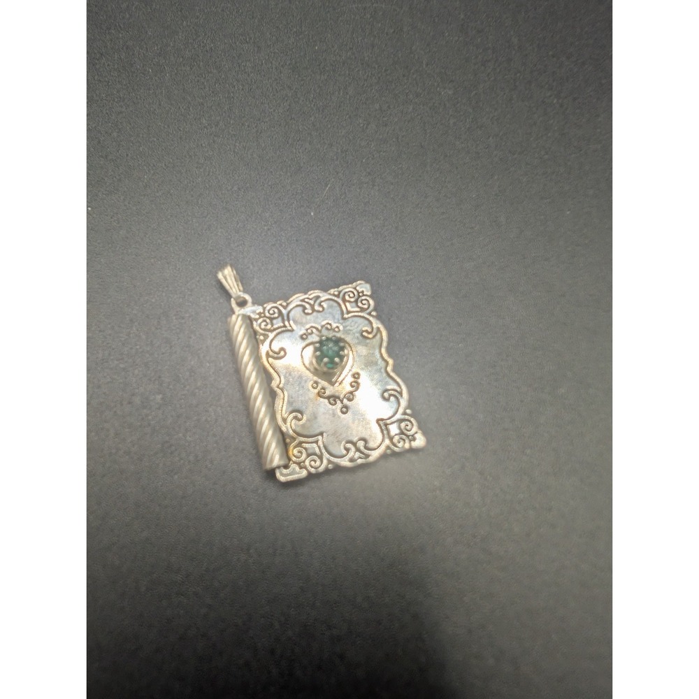 Sterling Silver Pendant Charm Articulated Book  Green Stone